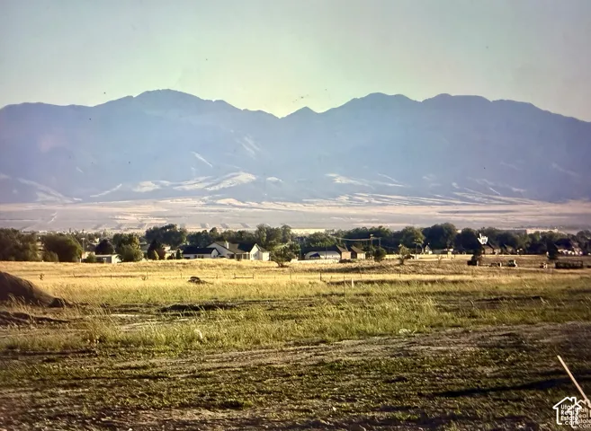 Expansive open lot featuring native grasses and a prominent mountain range backdrop