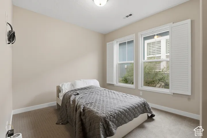 Neutral-toned interior space featuring dual windows with functional plantation shutters and wall-to-wall carpeting