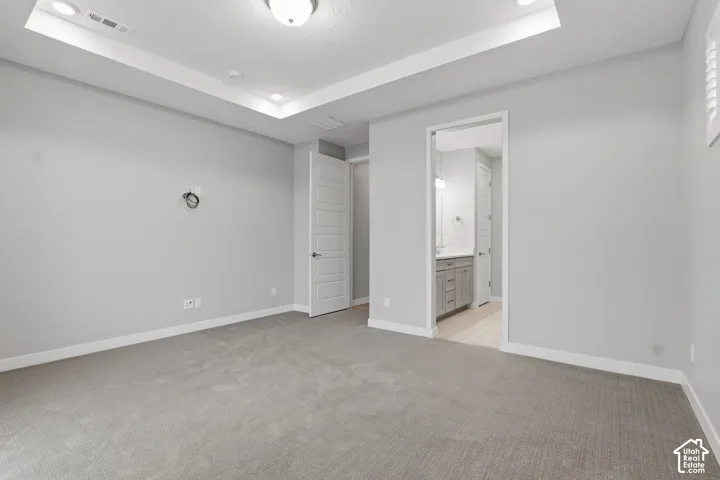 Tray ceiling with recessed lighting, neutral carpeting, and multi-panel interior doors