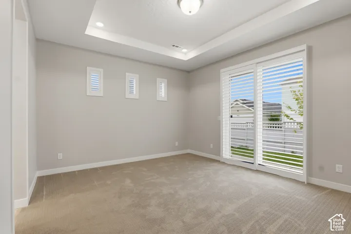Tray ceiling with recessed lighting, neutral wall-to-wall carpeting, triple vertical accent windows, and sliding glass doors featuring horizontal slatted blinds