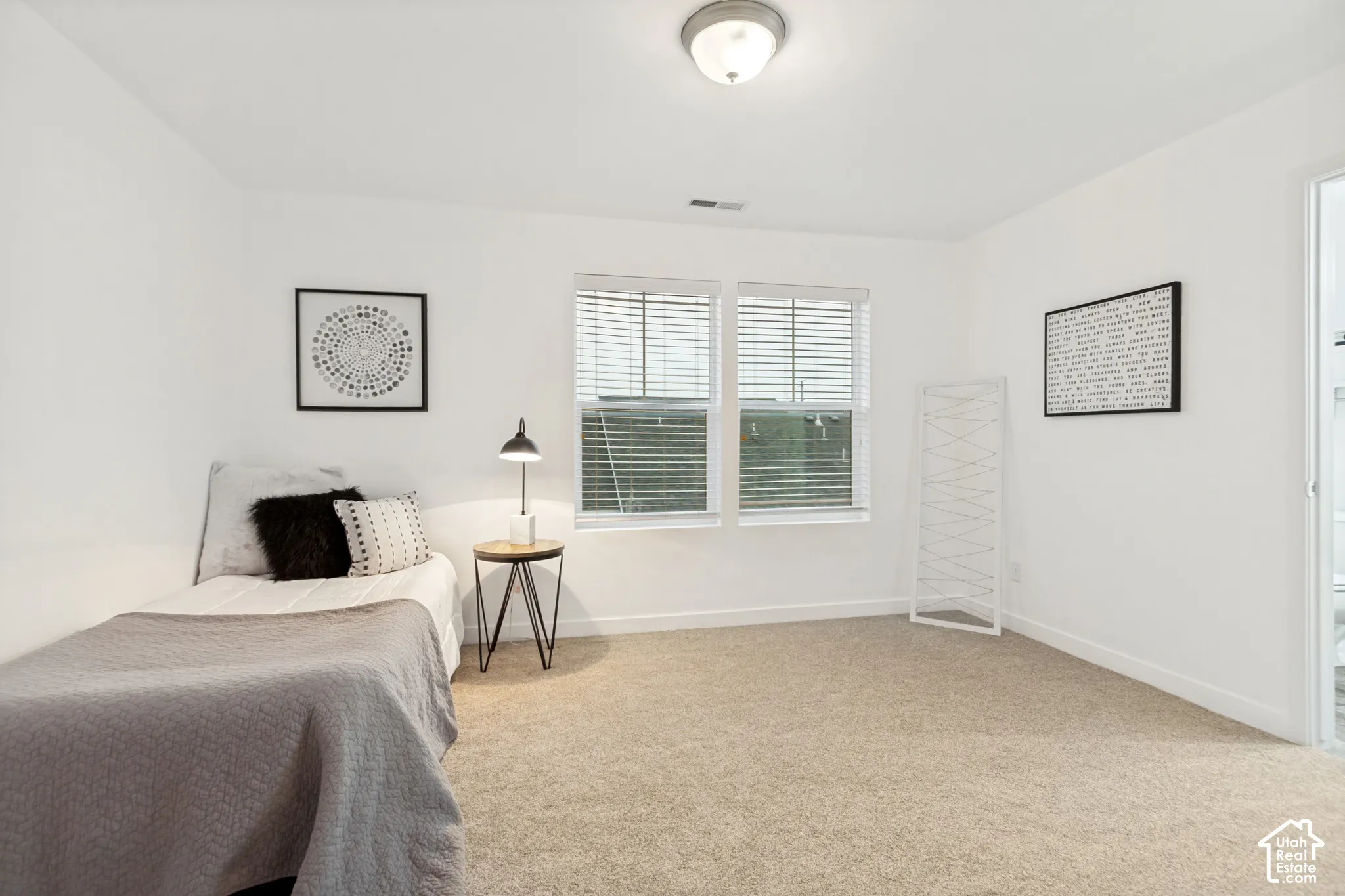 Room featuring neutral-toned carpeting, dual windows with integrated horizontal blinds, and a flush-mount overhead light fixture