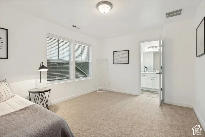 Neutral-toned carpeted flooring, dual-pane windows with integrated blinds, flush-mount lighting, and solid-core interior doors