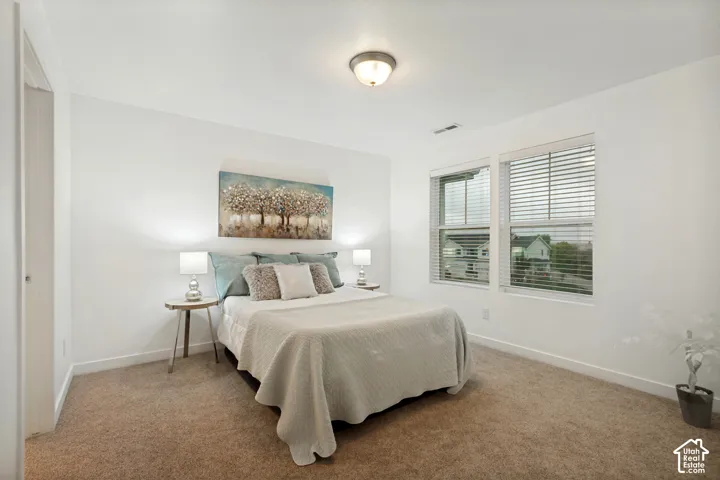 Neutral-toned carpeting, dual-pane windows with horizontal blinds, and a central flush-mount ceiling light fixture