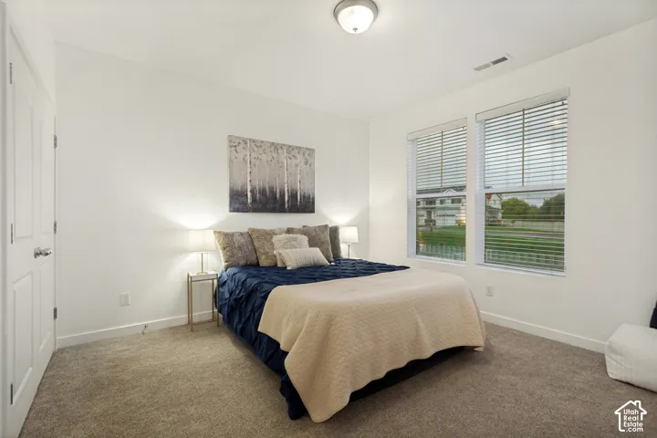Neutral interior featuring wall-to-wall carpeting, dual-pane windows with horizontal blinds, and a central flush-mount light fixture