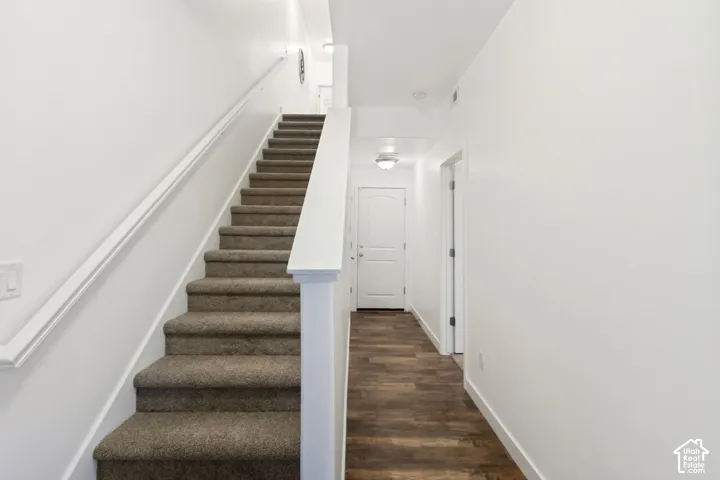 Entryway featuring wood-finish flooring, a carpeted staircase with a white railing, and a paneled interior door with hardware
