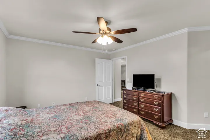 Neutral-toned interior space featuring crown molding, a central ceiling fan with multi-light fixture, and a multi-panel interior door