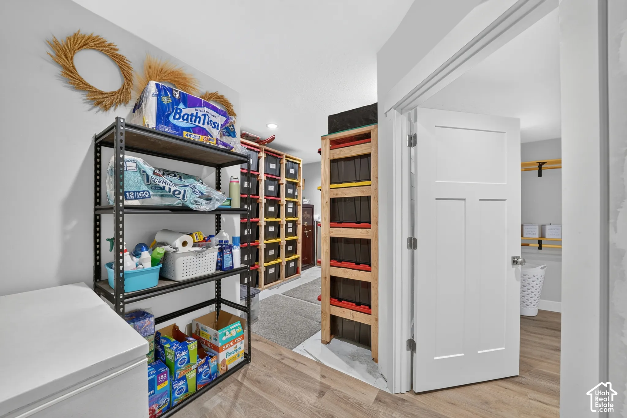 Storage space featuring wood-finish flooring and a multi-panel interior door