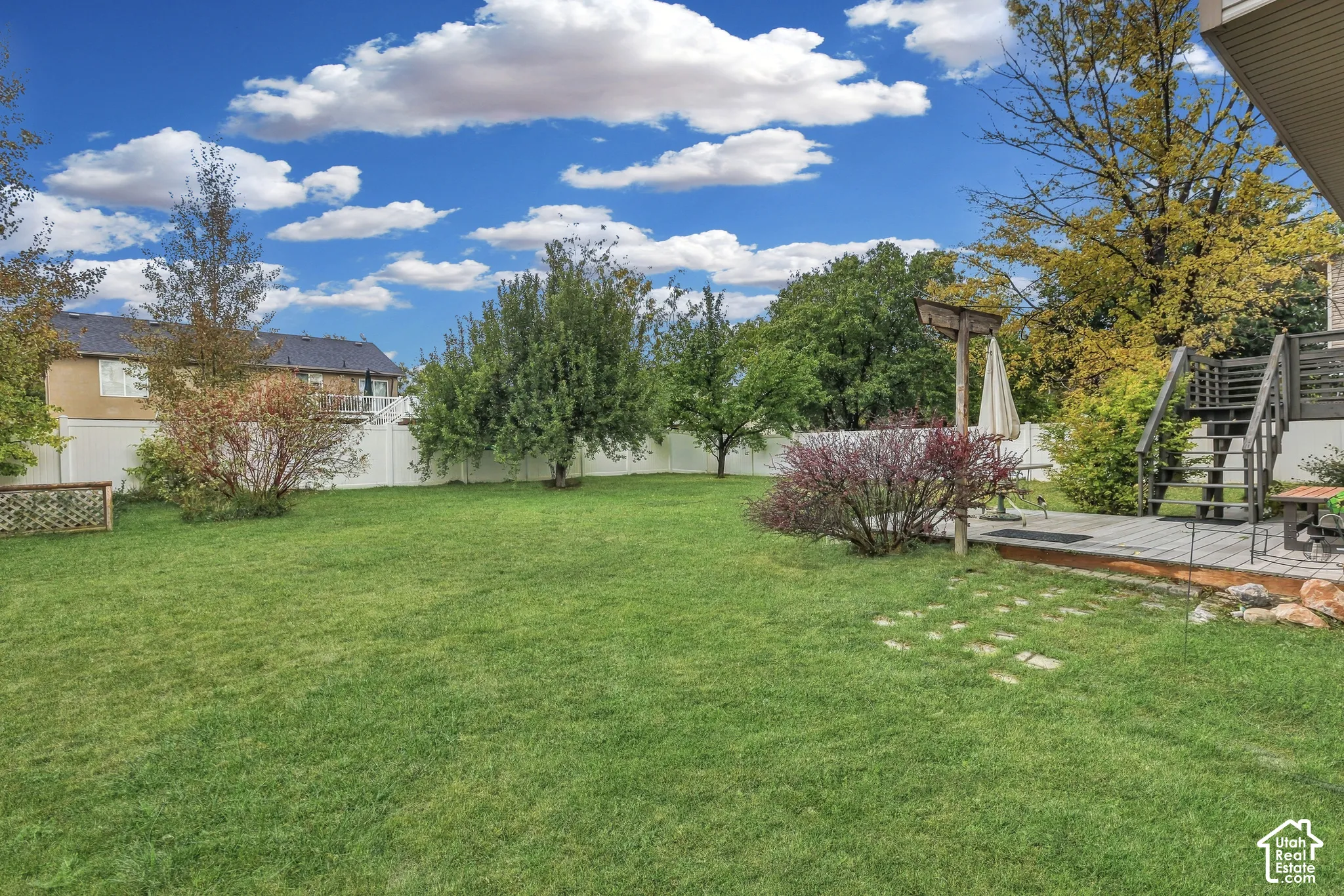 Fully fenced backyard with fruit trees and a vegetable garden