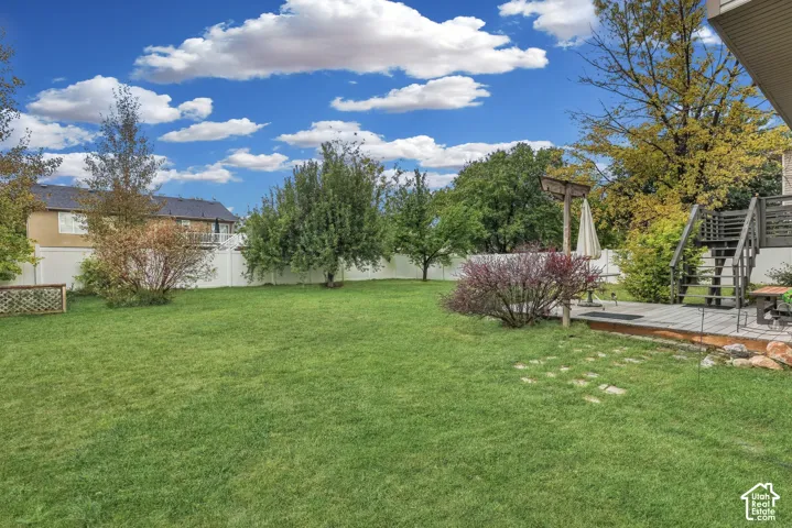 Fully fenced backyard with fruit trees and a vegetable garden