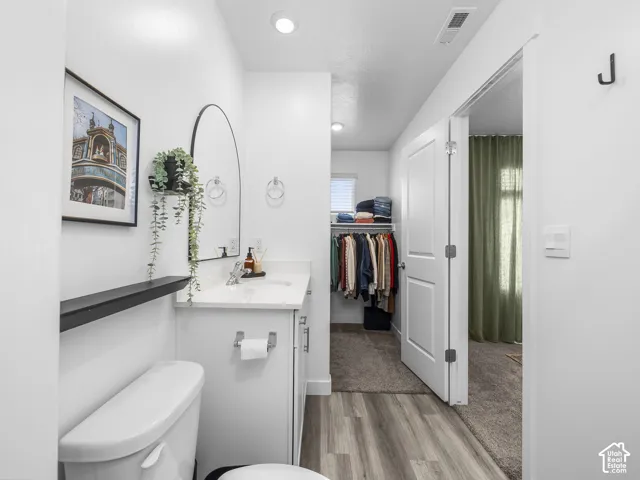Bathroom featuring a vanity with a white countertop and oval arched mirror, wood-finish flooring, recessed lighting, and a walk-in closet with built-in shelving