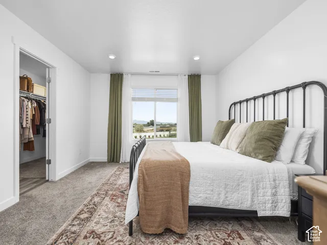 Bedroom featuring neutral carpeting, recessed lighting, a walk-in closet, and a window with mountain scenery