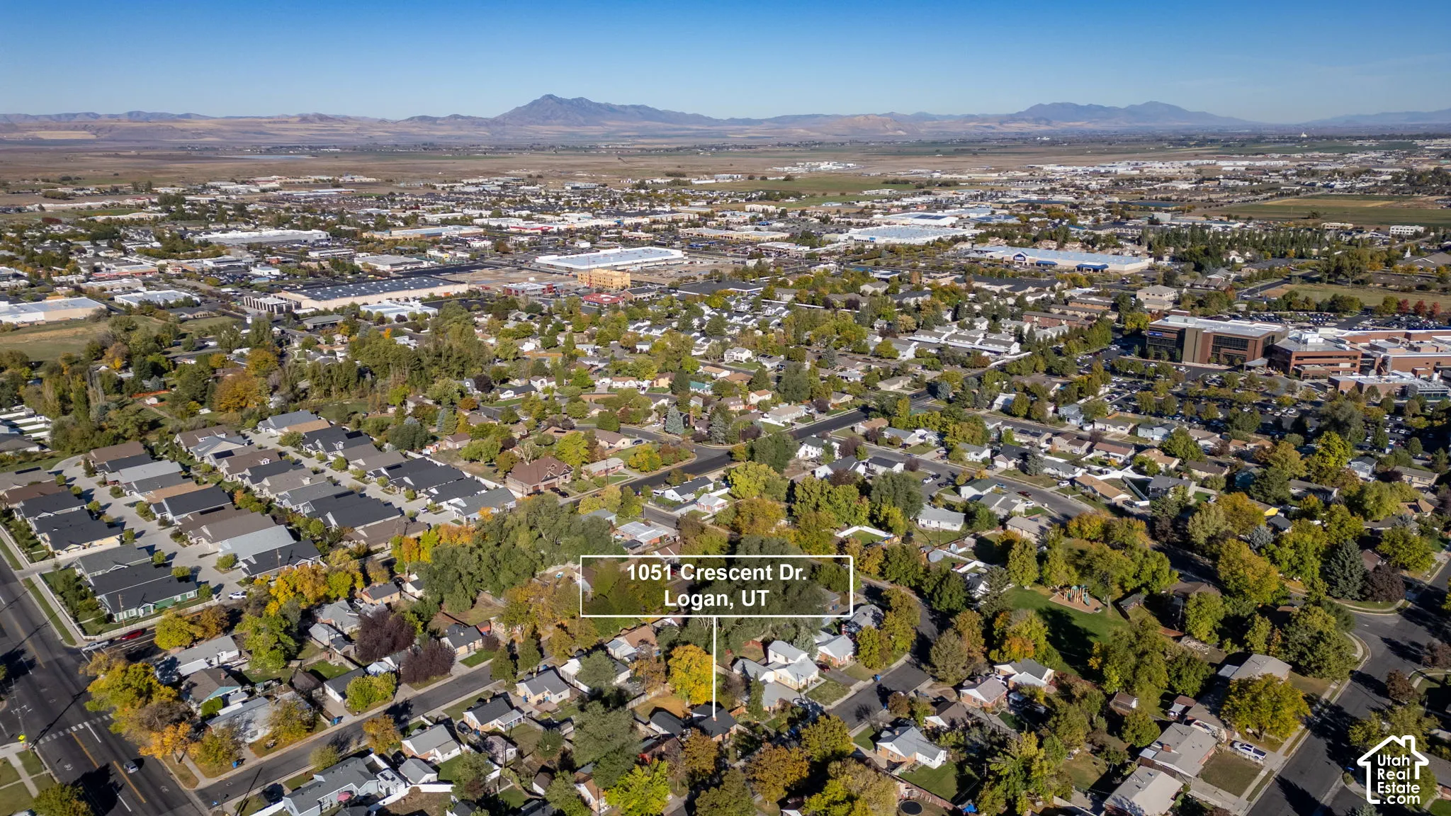 Aerial perspective of the property featuring mature trees and a mountain range backdrop