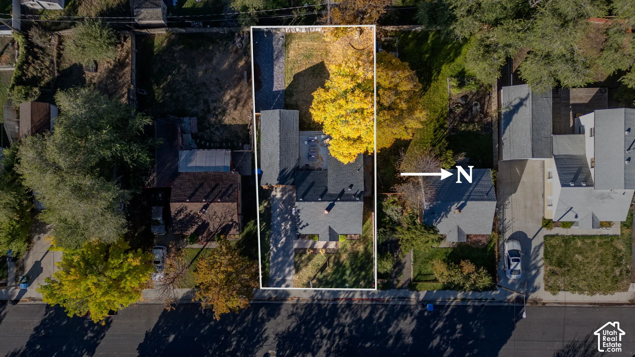Aerial perspective of the property featuring a rectangular lot, mature trees, concrete driveway, and asphalt shingle roofing