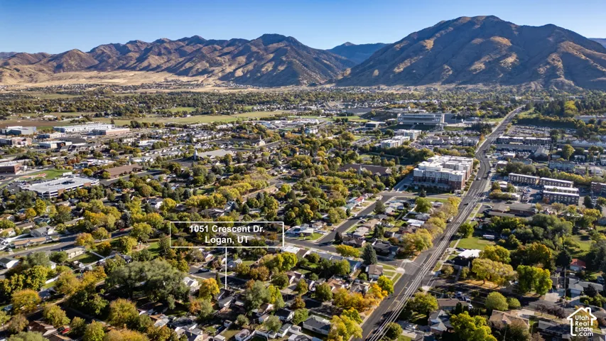 Aerial perspective of the property featuring a mountain backdrop and mature tree-lined streets