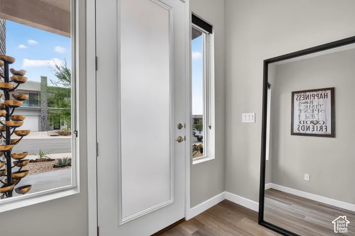 Entryway featuring a white paneled door, tall vertical windows, and wood-finish flooring