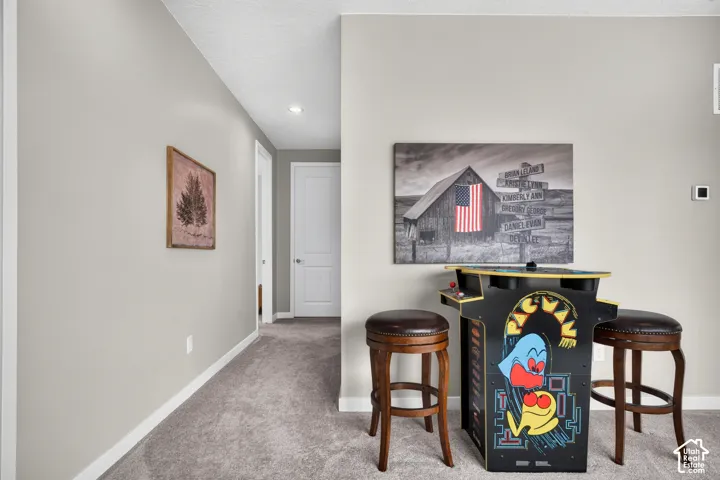 Neutral wall tones, carpeted flooring, two-panel interior doors, and recessed ceiling lighting