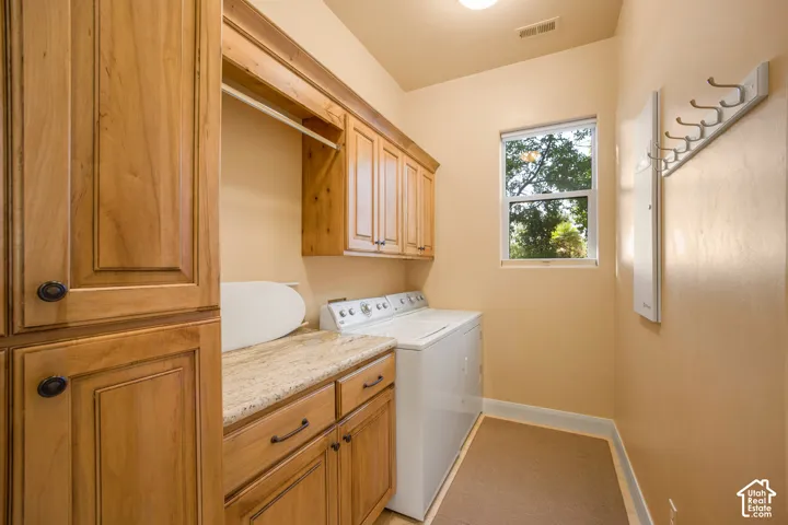 Built-in cabinetry with wood-finish doors, durable countertop space, a clothes hanging rod, and a window for natural light