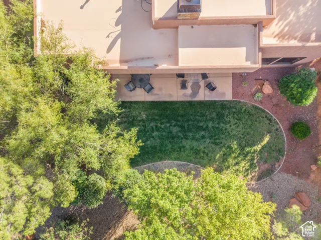 Patio area with concrete hardscaping, bordered by a manicured lawn and mature landscaping