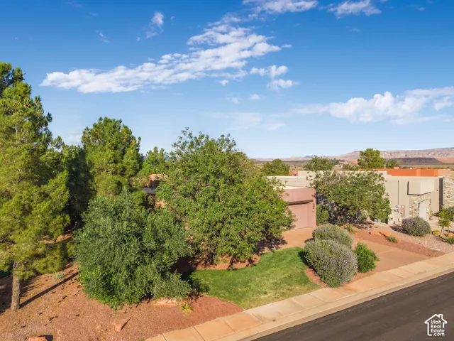 Desert landscaping with mature trees, a manicured lawn, paved driveway, and stucco exterior