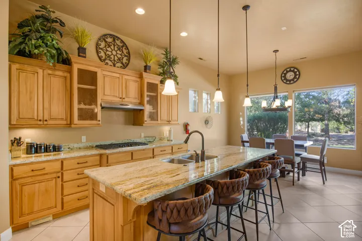 Kitchen featuring abundant wood cabinetry, an expansive island with a double basin sink, stone countertops, and integrated appliances