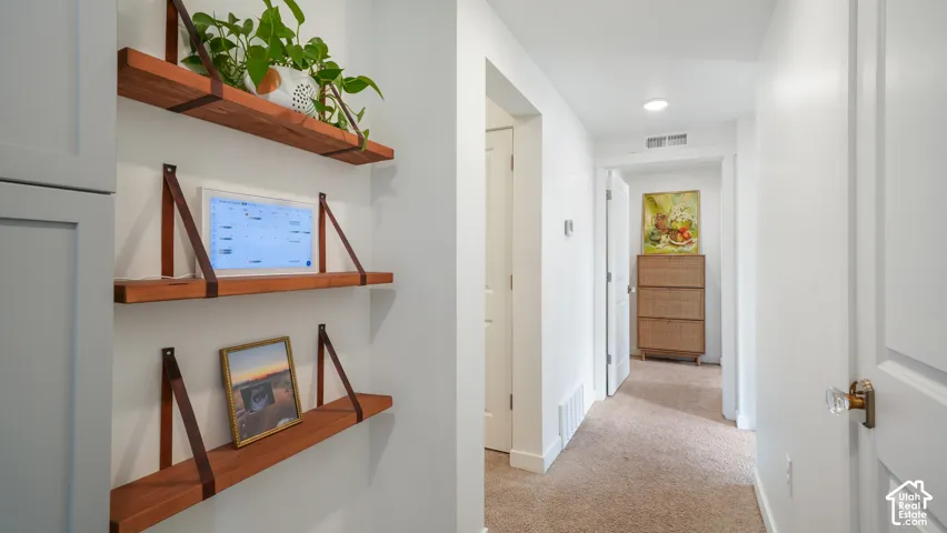 Recessed wall niche featuring three wood-finish floating shelves supported by leather-style straps, complemented by neutral carpeting and paneled interior doors