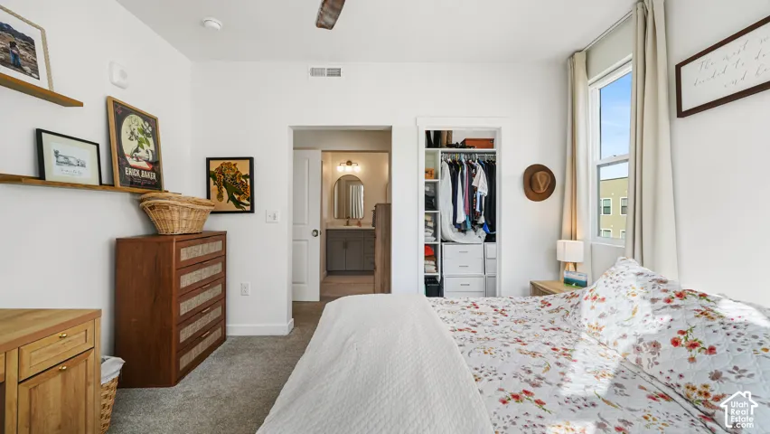 Bedroom featuring carpeted flooring, a reach-in closet with built-in shelving, a ceiling fan, and a window with neutral drapery