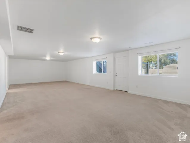 Expansive living room featuring neutral carpeting, flush-mount lighting and a walk-out door