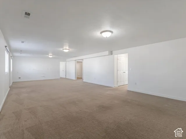 Expansive living room featuring neutral carpeting, flush-mount lighting, and pre-plumbing for future kitchenette