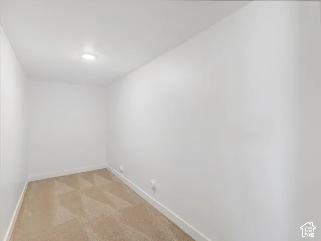Carpeted storage room featuring recessed lighting
