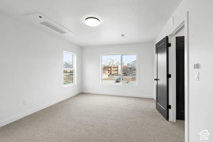 Neutral-toned carpeting, high-contrast dark interior door, dual windows with mountain scenery, and flush-mount circular ceiling lighting