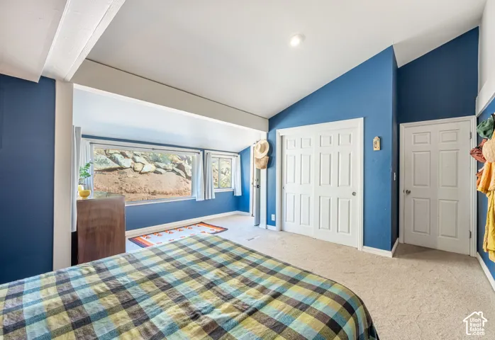 Vaulted ceilings, expansive windows, built-in double-door closet, and interior solid-core doors
