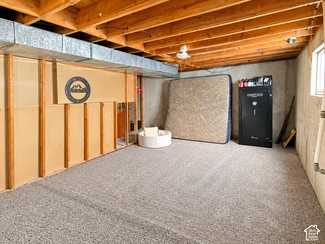 Unfinished lower level featuring exposed wood joist ceilings, poured concrete foundation walls, and wall-to-wall carpeting