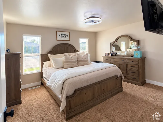 Neutral-toned interior featuring plush carpeting, dual windows with horizontal blinds, and a modern circular LED flush-mount fixture