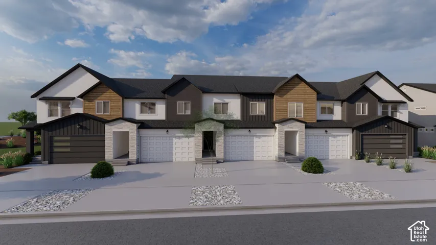 Multi-unit exterior featuring board-and-batten siding, horizontal wood-finish siding accents, stone masonry veneer, and multiple attached garages