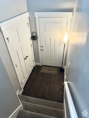 Entryway featuring dark wood-finish flooring, a white paneled entry door with Craftsman-style trim, and a double-door closet with polished chrome hardware