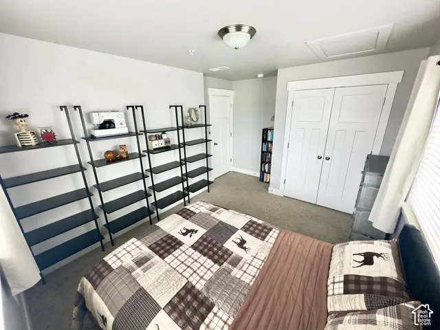 Neutral interior featuring carpeted flooring, white trim work, and a double-door closet with two-panel doors