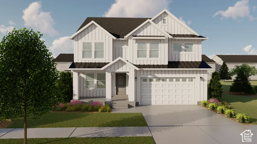 Two-story modern farmhouse exterior featuring vertical board-and-batten siding, dual-pitched rooflines with metal accents, a covered front porch with square columns, and an attached two-car garage