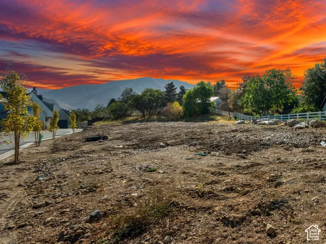 Expansive lot with mountain backdrop and mature trees