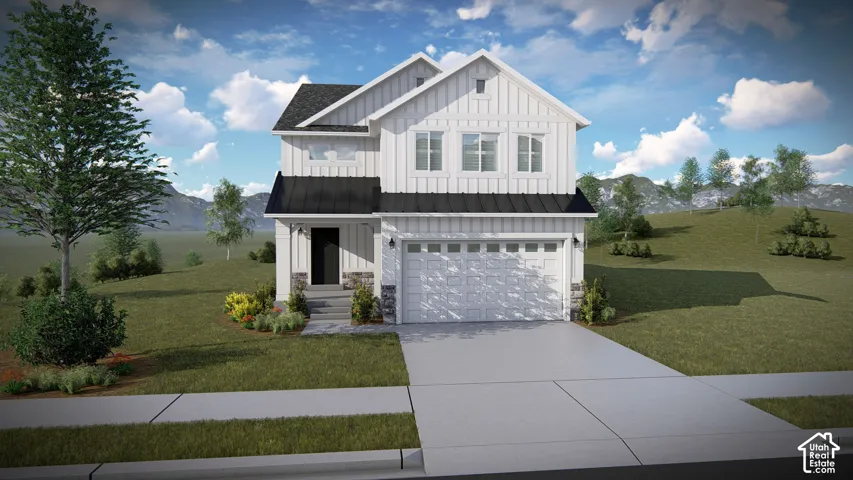 Two-story farmhouse-style exterior featuring vertical board-and-batten siding, black metal roof accents, stone veneer foundation, and an attached two-car garage