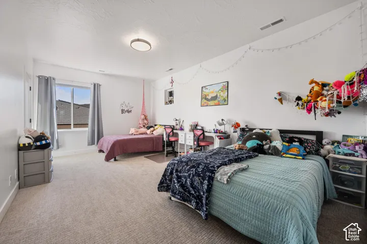 Spacious room featuring neutral carpeting, a large window, a flush-mount ceiling light fixture, and textured ceilings