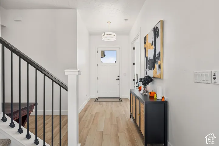 Entryway featuring wood-finish flooring, a white front door with an inset glass panel, a metal drum pendant light, and a staircase with a black metal railing