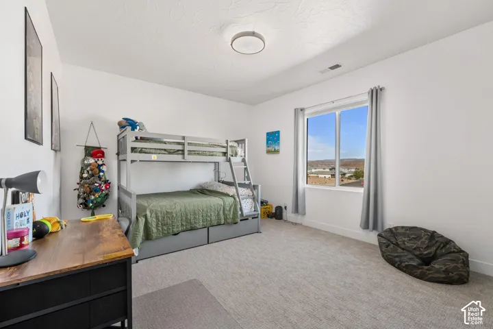 Bedroom featuring neutral carpeting, a large picture window, and a central flush-mount ceiling light fixture