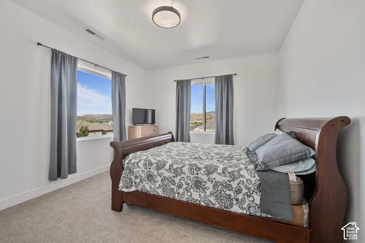 Neutral-toned carpet, recessed ceiling light, and dual windows with natural light