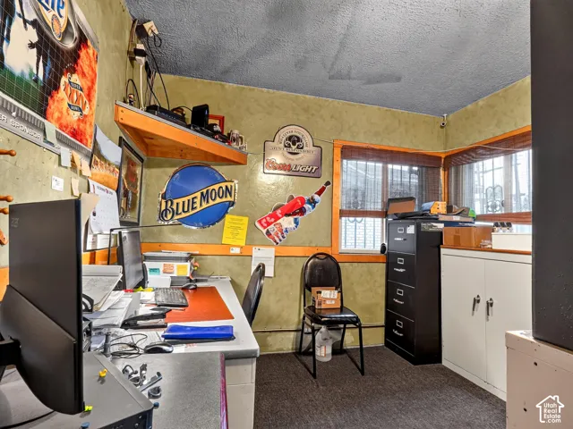 Room featuring natural wood-finish window trim, corner shelving, and built-in lower cabinetry