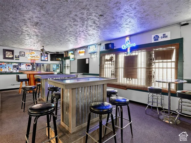 Built-in corrugated metal bar with a countertop surface, recessed ceiling lighting, and windows featuring decorative iron security grilles