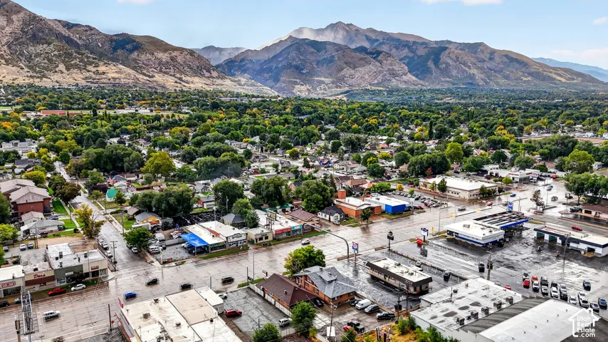 Aerial perspective featuring a prominent mountain backdrop, mature trees, and established infrastructure