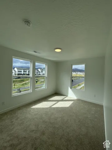 Room featuring neutral carpeting, triple-pane windows, and mountain scenery