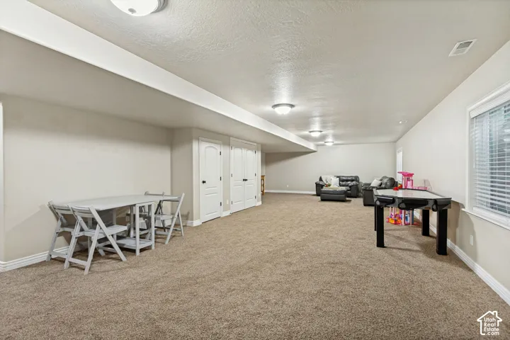 Expansive open-concept room featuring neutral wall tones, wall-to-wall carpeting, flush-mount ceiling lighting, and double-door closet storage