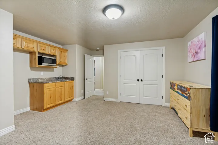 Built-in cabinetry featuring wood-finish lower and upper cabinets, stone-surfaced countertop with an integrated sink, built-in microwave, double-panel interior doors, and carpeted flooring