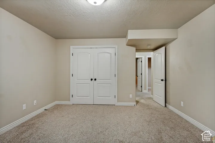 Neutral-toned interior space featuring wall-to-wall carpeting, white arched double-door closet, and white paneled interior doors with matte black hardware